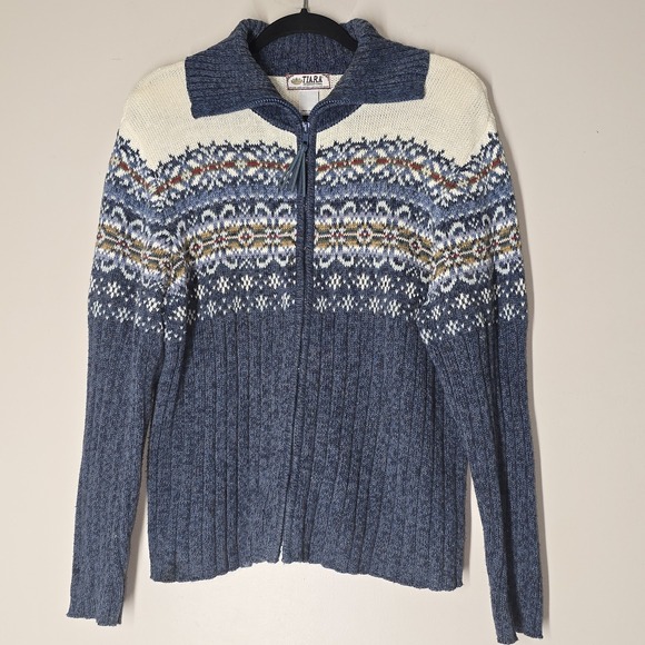 Vintage TIARA international Fair Isle Zip Cardigan Sweater Blue Nordic Ski Knit - Picture 1 of 4